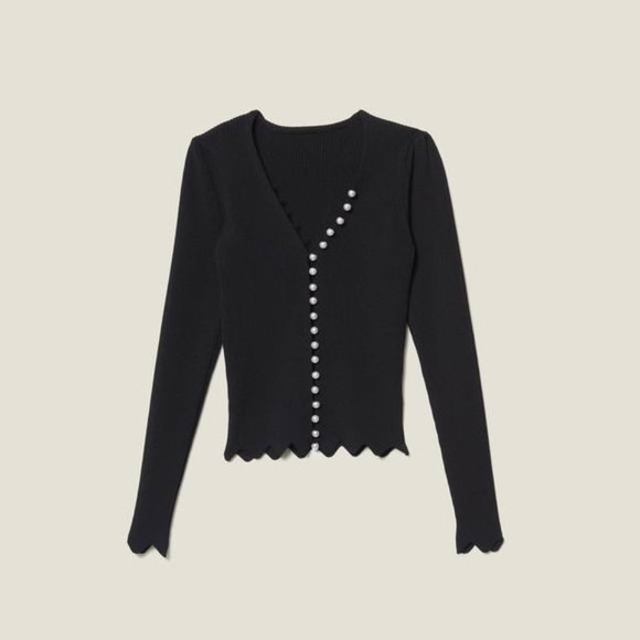 SANDRO Black Cropped Pearl Trimmed Sweater Size 1 (Small)